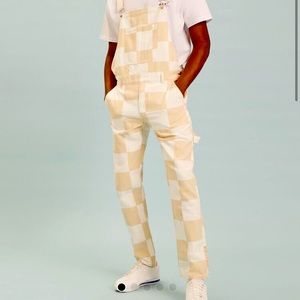 checker board white and tan/beige squares overalls